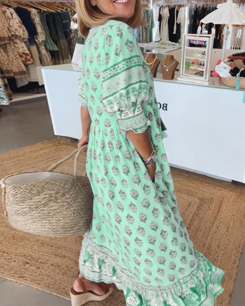 Soft fabric texture of a women's casual bohemian midi dress, perfect for a breezy summer day.