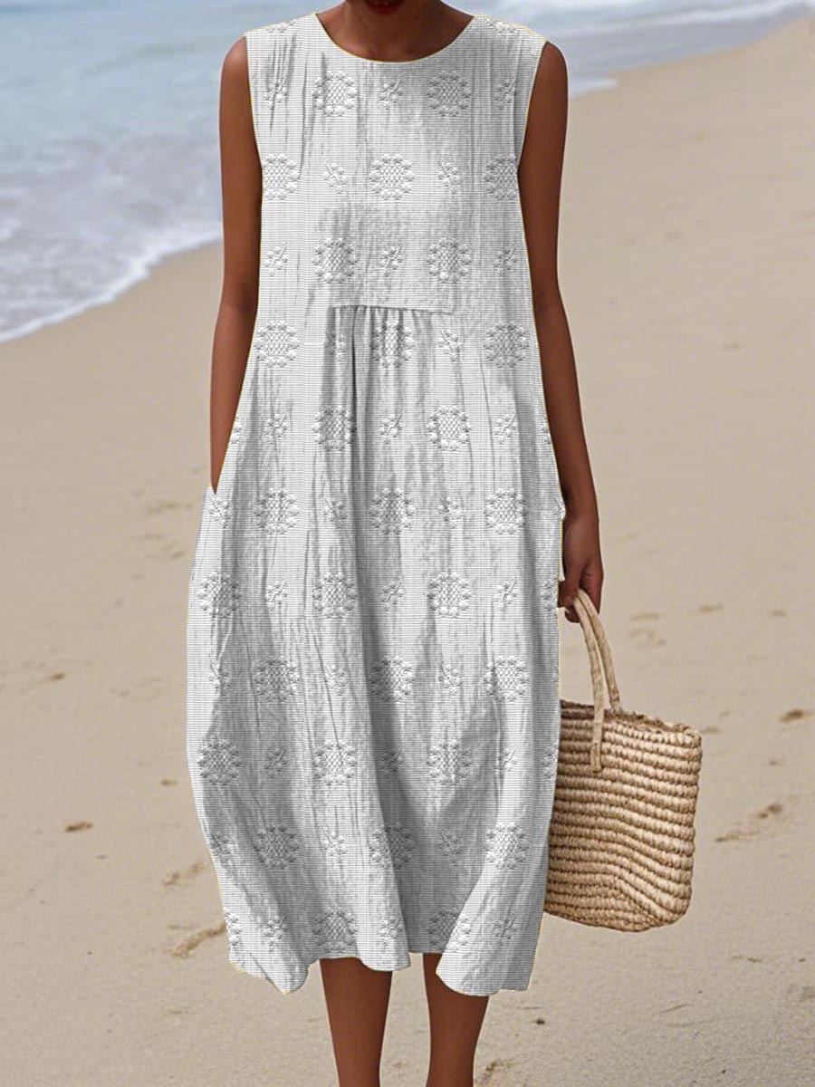 Back view of a women's stylish midi dress, highlighting its flattering flowy silhouette, sleeveless design, and comfortable fit.