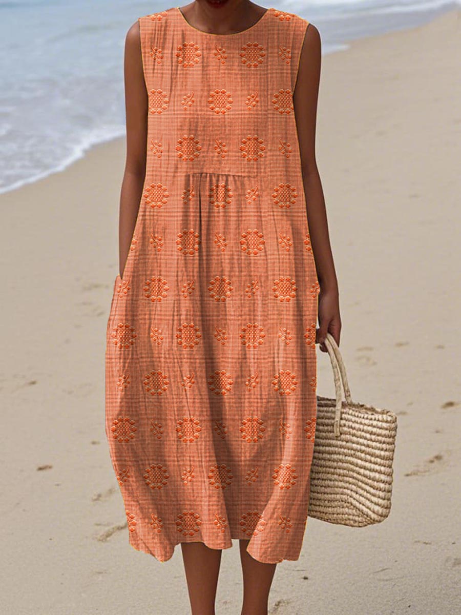Versatile women's flowy midi dress with convenient pockets, perfect as a stylish sleeveless summer or vacation dress for any occasion.