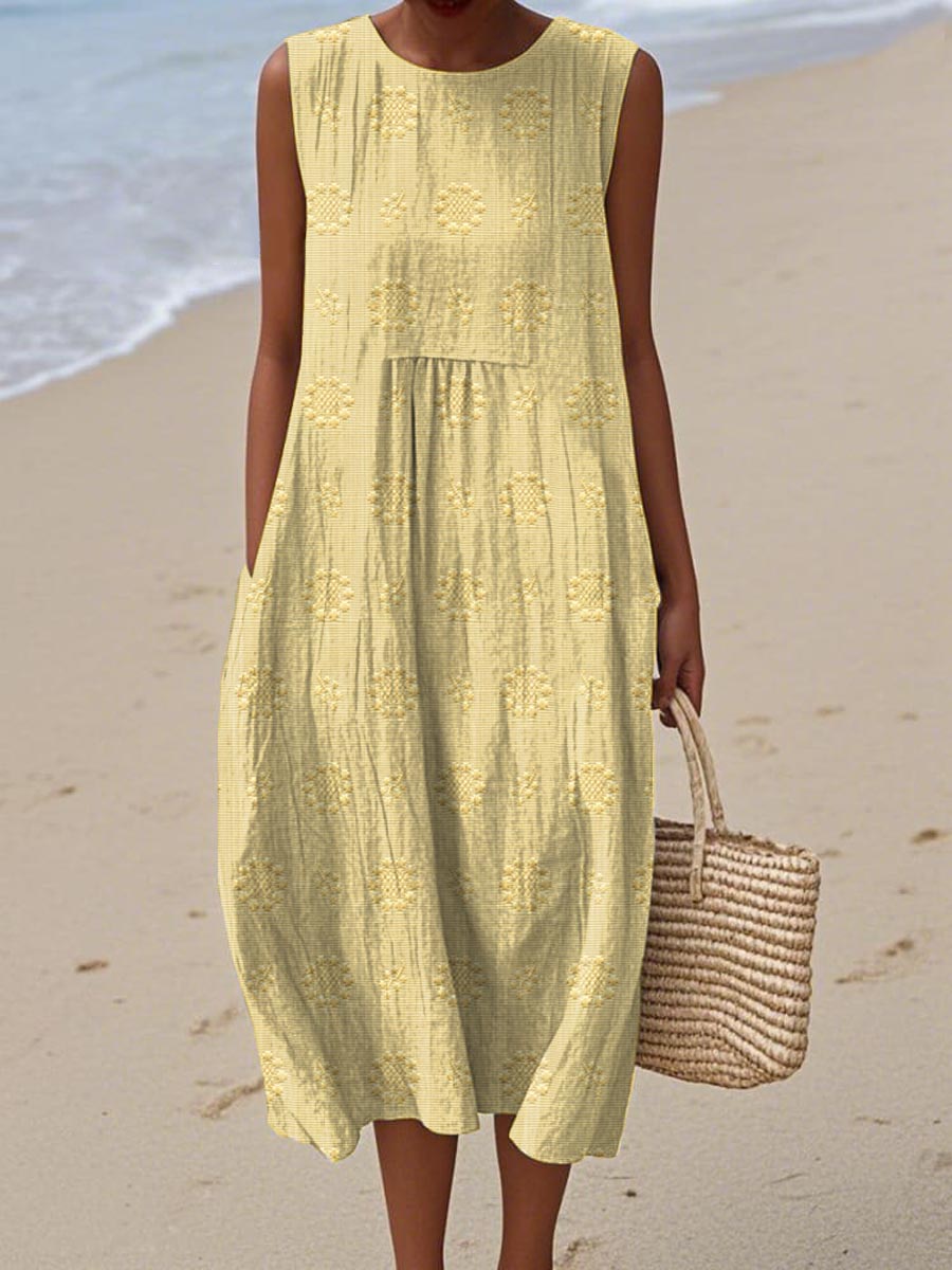 Plus size model wearing a comfortable flowy midi dress with pockets, designed for stylish women looking for a casual summer outfit.
