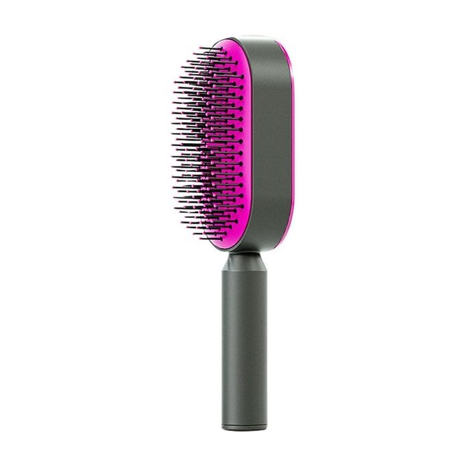 Fuchsia & white self-cleaning detangling hair brush for all hair types. Anti-breakage & scalp massage.