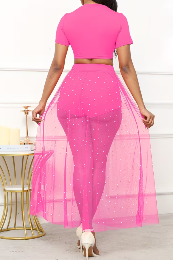 Women's elegant 3-piece set: pearl-embellished croptop, matching skirt & lightweight cover-up. Summer.