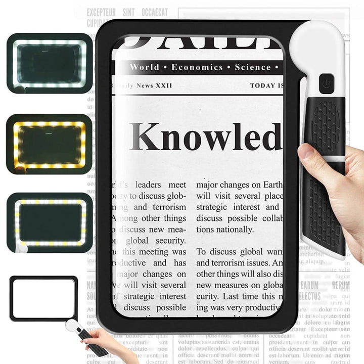 Ergonomic full page magnifying glass with handle, perfect for reading, document inspection, and hobbies.