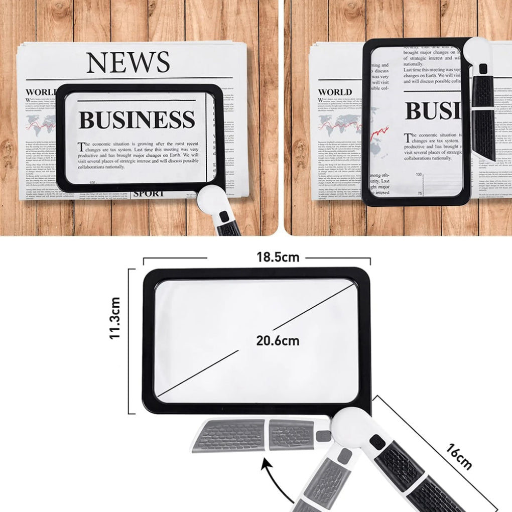 Durable full page magnifying glass with easy-grip handle, ideal for reading small print, maps, and documents.