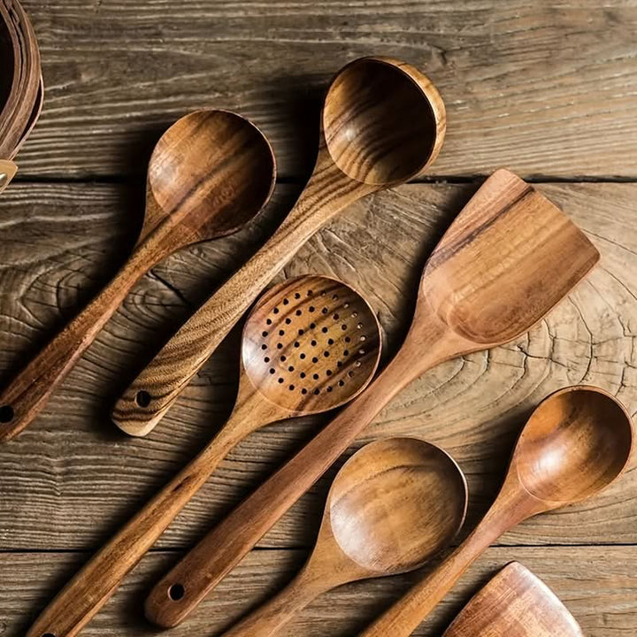 Sustainable teak kitchen tools displayed in a modern kitchen, ideal for daily home cooking & serving.