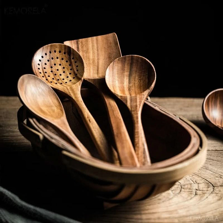 Versatile eco-friendly teak cooking tools, essential chef tools for any kitchen, safe for all cookware.