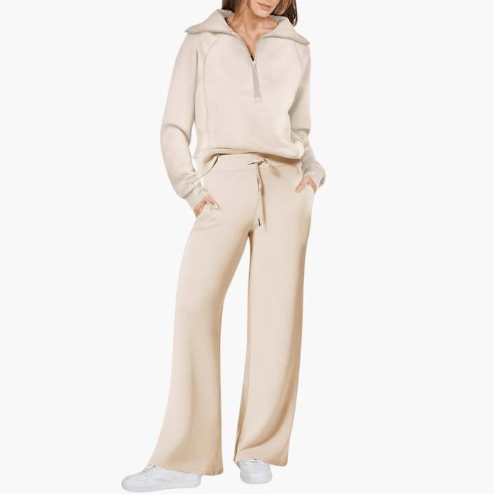 Full view of women's zip-up hoodie & wide leg pants lounge set. Comfy, casual, and relaxed matching two-piece leisurewear.