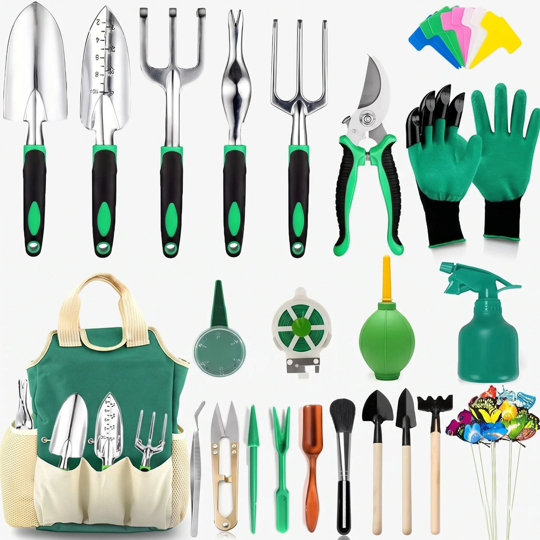Comprehensive gardening tool set in a carry tote. Ideal for nurturing indoor plants, outdoor gardens & general plant care.