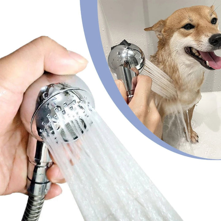 Handheld pet shower sprayer with soft bristles, ideal for dog and cat bathing comfort