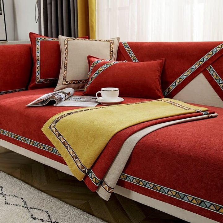 Geometric chenille sofa cover in beige, non-slip, protects furniture from pets, stylish home decor