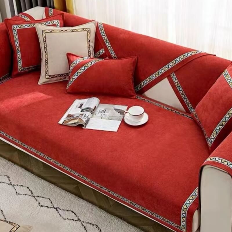 Unisex geometric chenille couch protector in grey, durable, pet-friendly, for living room furniture