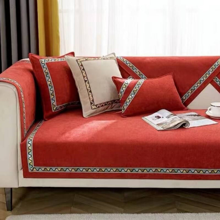Close-up of geometric pattern on a chenille sofa cover, soft texture, non-slip design, home decor