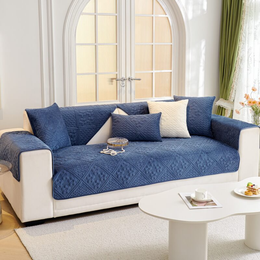 Sectional sofa covered with 'New4' non-slip, pet and kid friendly geometric leaves pattern slipcover