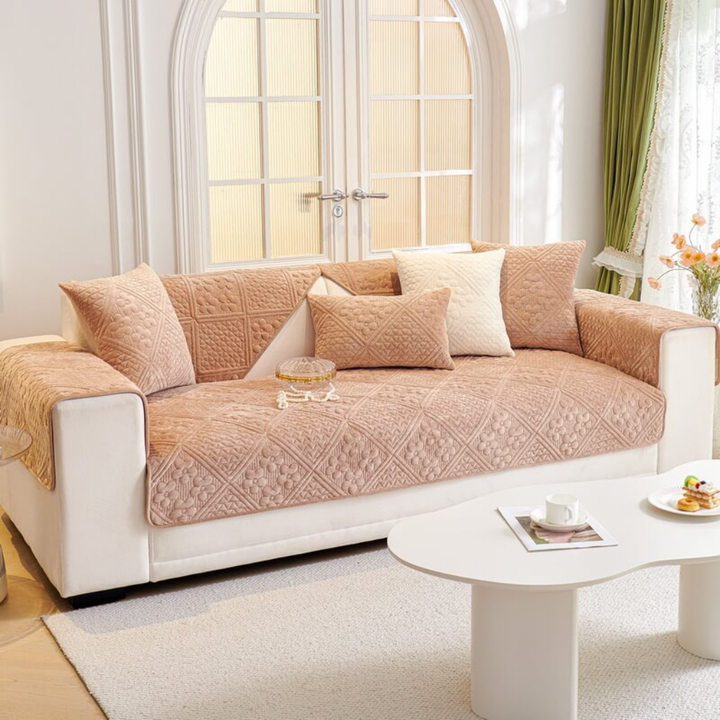 Non-slip sectional furniture protector with a stylish geometric leaves design, ideal for homes with pets