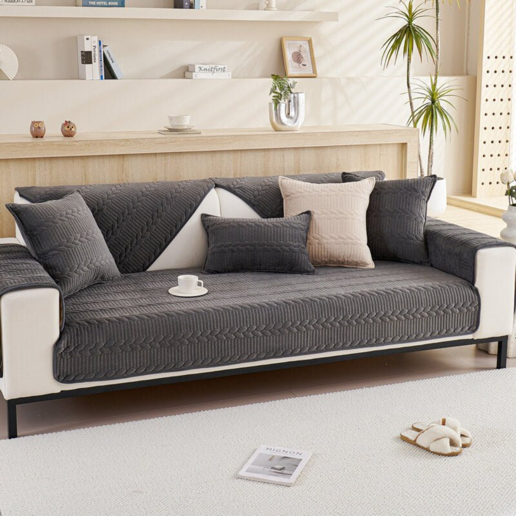 Textured 'New4' non-slip sectional sofa cover with a vivid geometric leaves pattern, durable & pet friendly