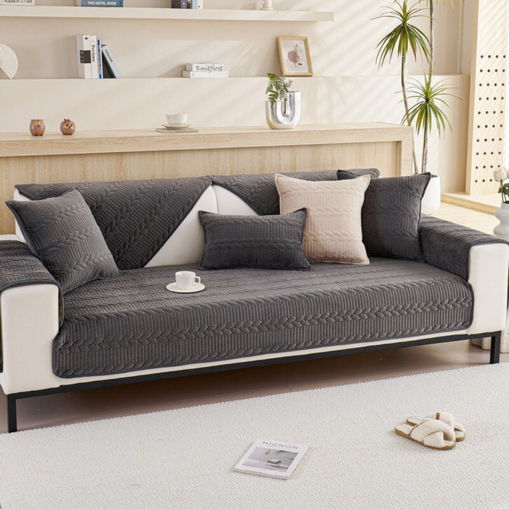 Textured 'New4' non-slip sectional sofa cover with a vivid geometric leaves pattern, durable & pet friendly