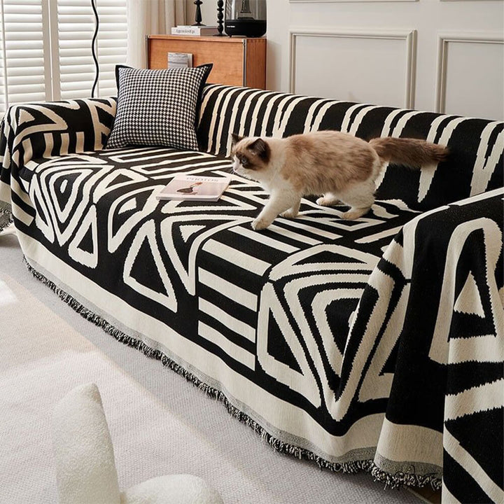 Geometric pattern sofa slipcover in modern style, cotton stretch couch protector