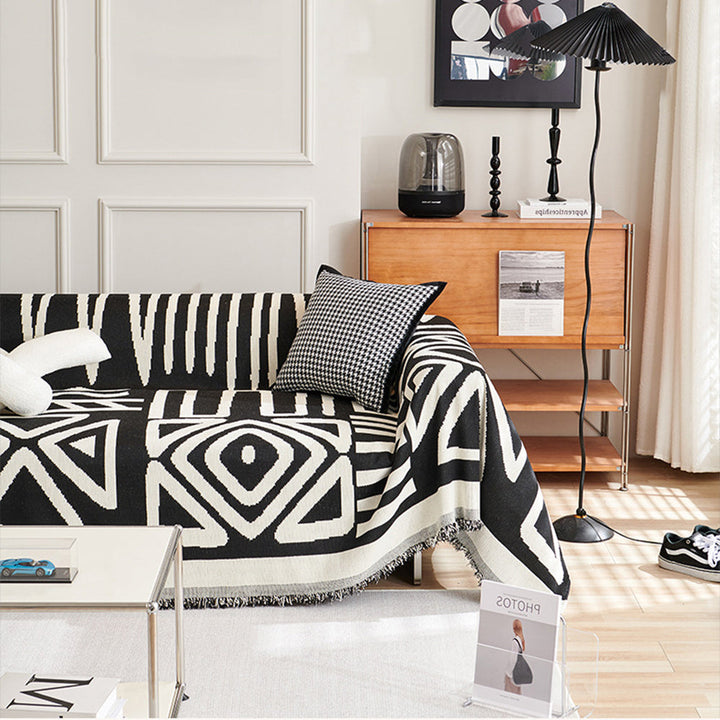 Stylish geometric sofa slipcover, modern living room decor, pet-friendly couch cover