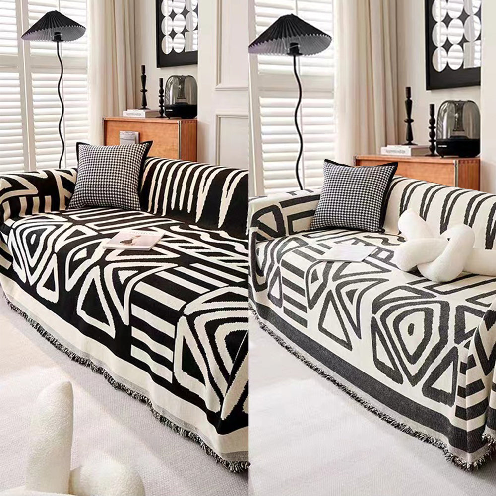 Removable cotton couch protector with black and white geometric pattern