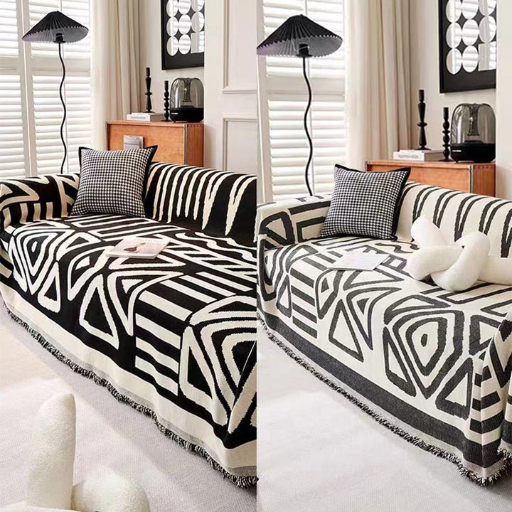 Removable cotton couch protector with black and white geometric pattern