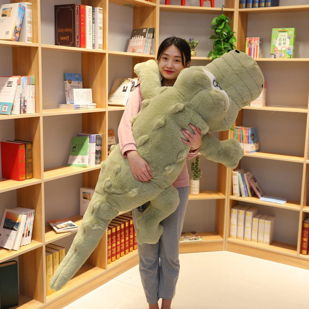 Giant green crocodile plush toy, soft & huggable companion, perfect for kids & adults for snuggle or support.