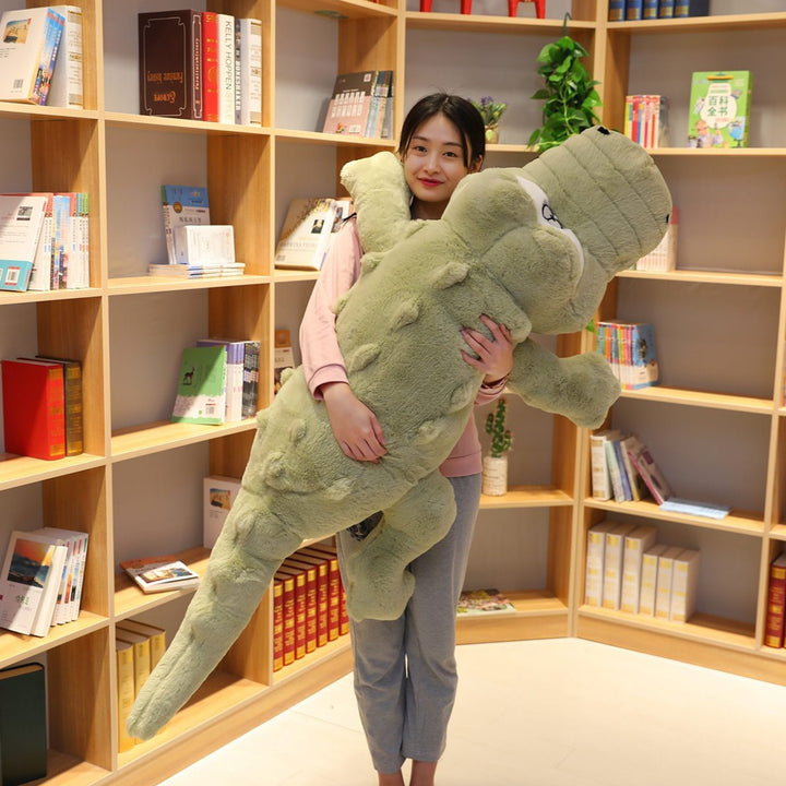 Giant green crocodile plush toy, soft & huggable companion, perfect for kids & adults for snuggle or support.