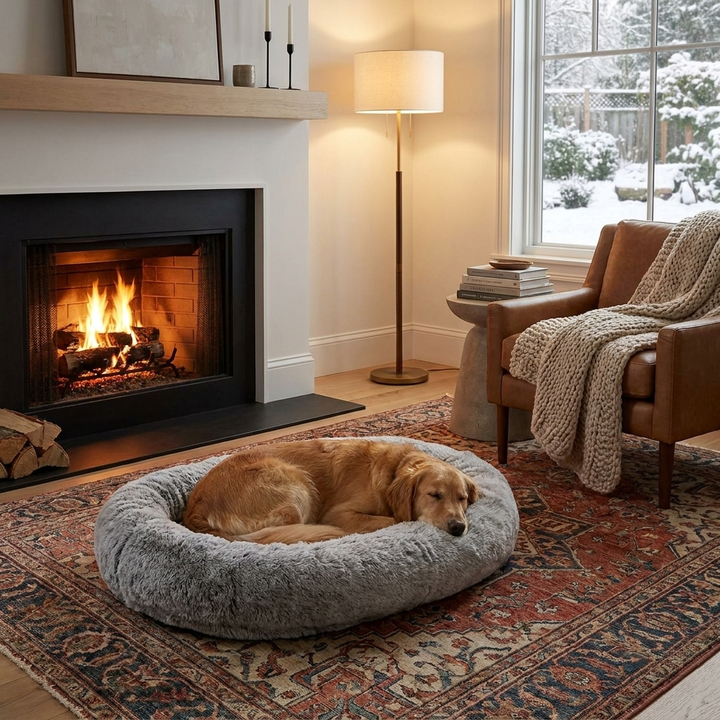Giant human-sized calming dog bed in cozy faux fur for ultimate anxiety relief & relaxation.