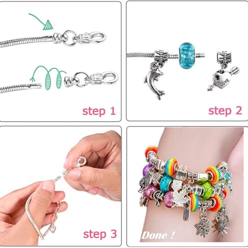 Girls' jewelry making set with colorful beads & sparkling charms for creating unique bracelets.
