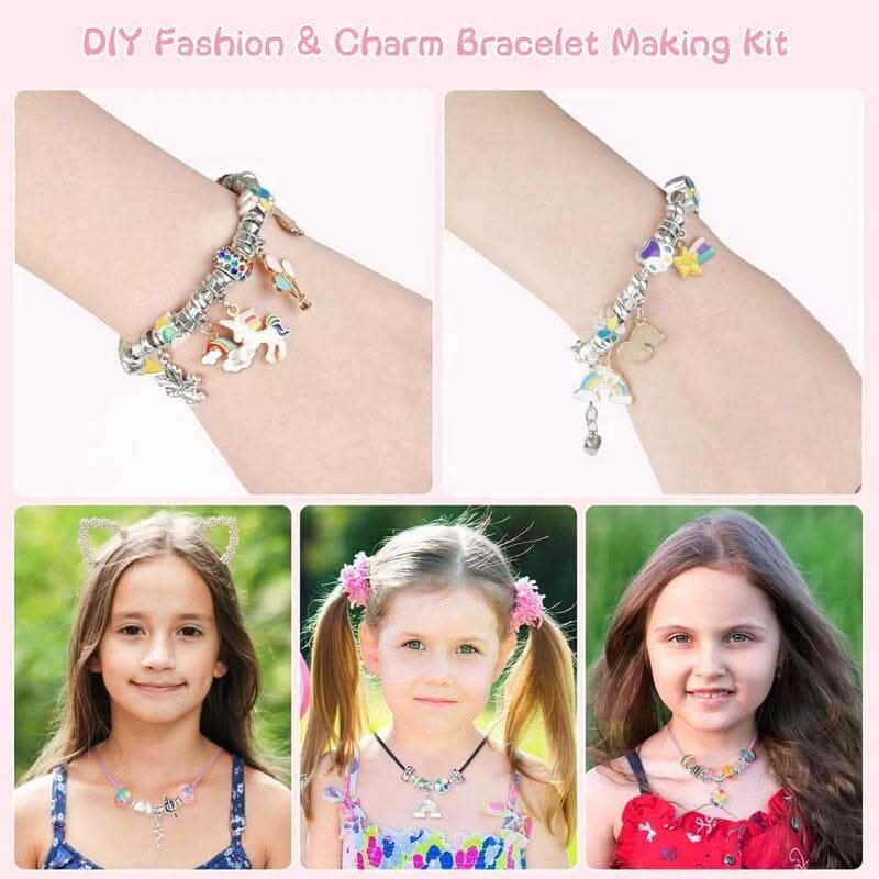 Fun girls' DIY bracelet kit, including craft supplies & sparkling charms for creative jewelry.