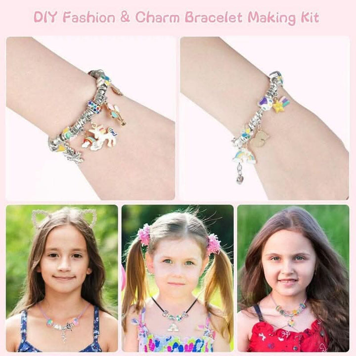 Fun girls' DIY bracelet kit, including craft supplies & sparkling charms for creative jewelry.