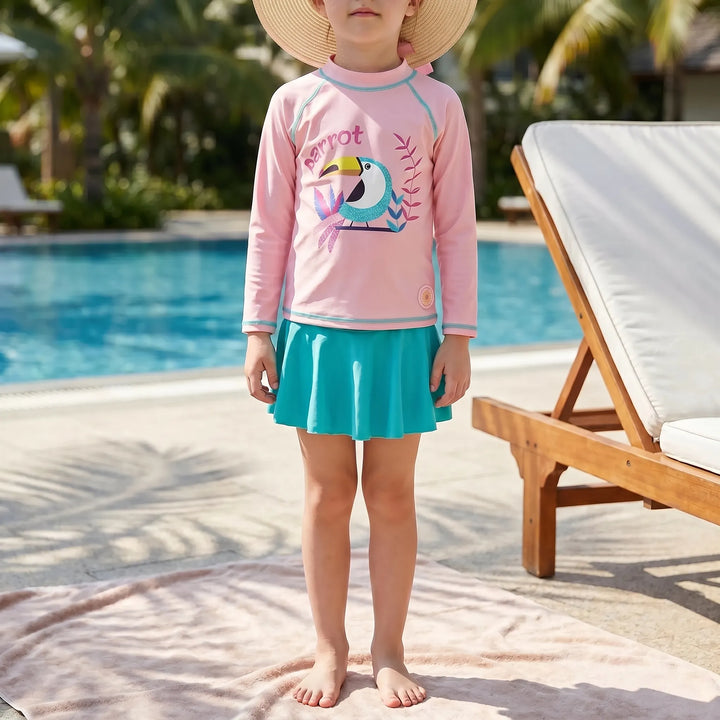 Girls' long sleeve floral rash guard swimsuit set & sun hat for toddler beachwear & UPF50+ sun protection.