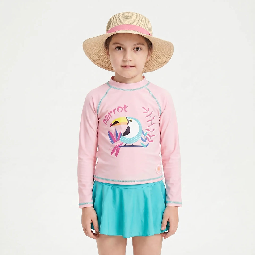 Toddler girls' floral long sleeve rash guard swimsuit with matching sun hat, perfect for summer water play.