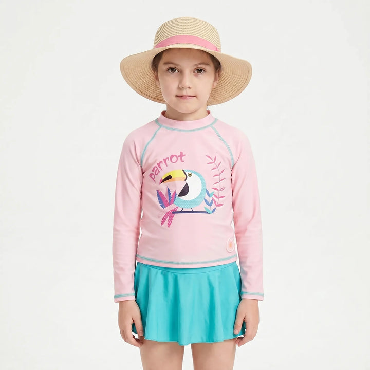 Toddler girls' floral long sleeve rash guard swimsuit with matching sun hat, perfect for summer water play.