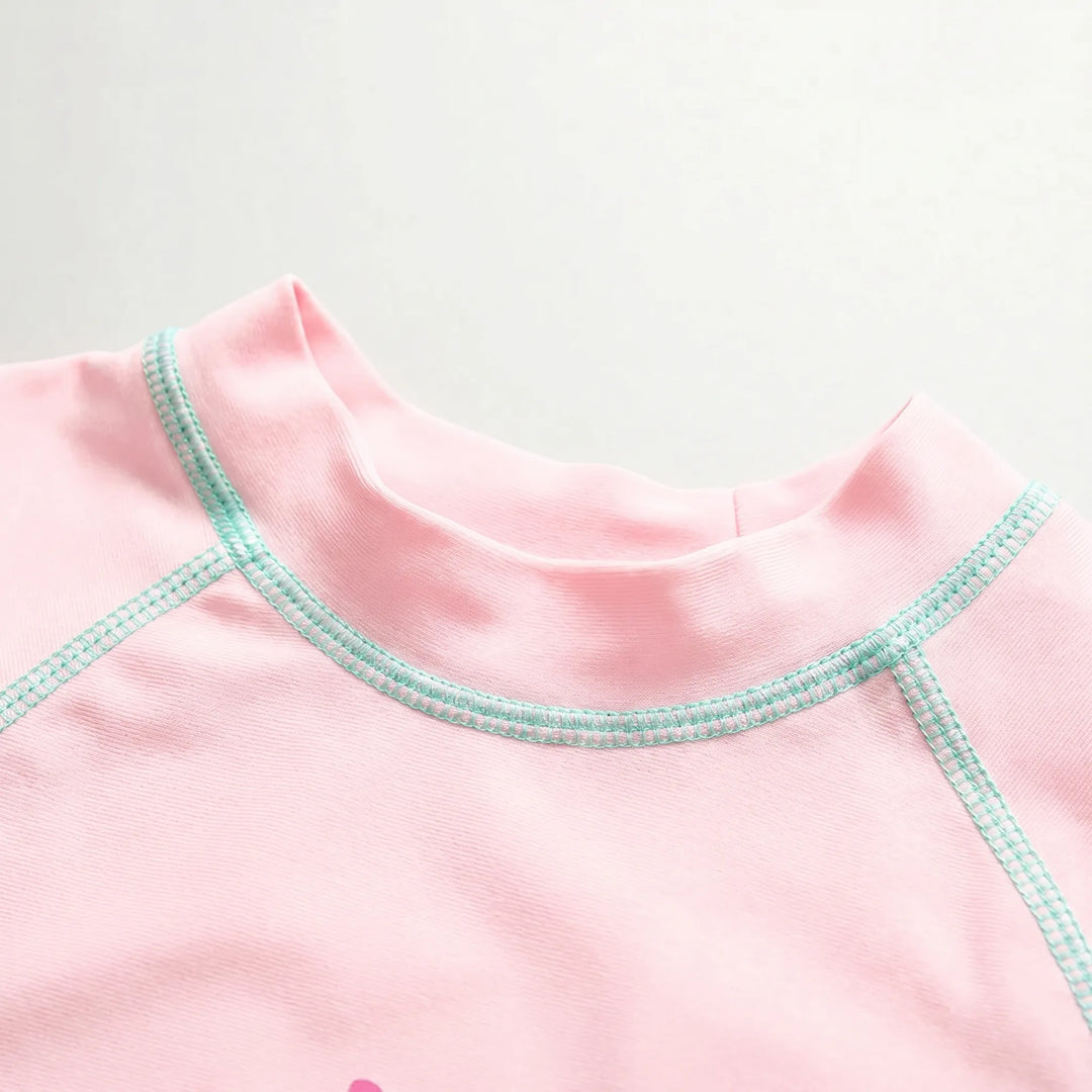 Kids' long sleeve rash guard swimsuit & sun hat set, offering UPF50+ sun protection for girls' swimwear.