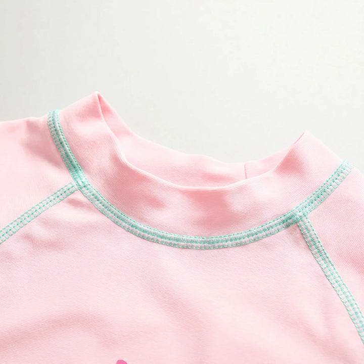 Kids' long sleeve rash guard swimsuit & sun hat set, offering UPF50+ sun protection for girls' swimwear.