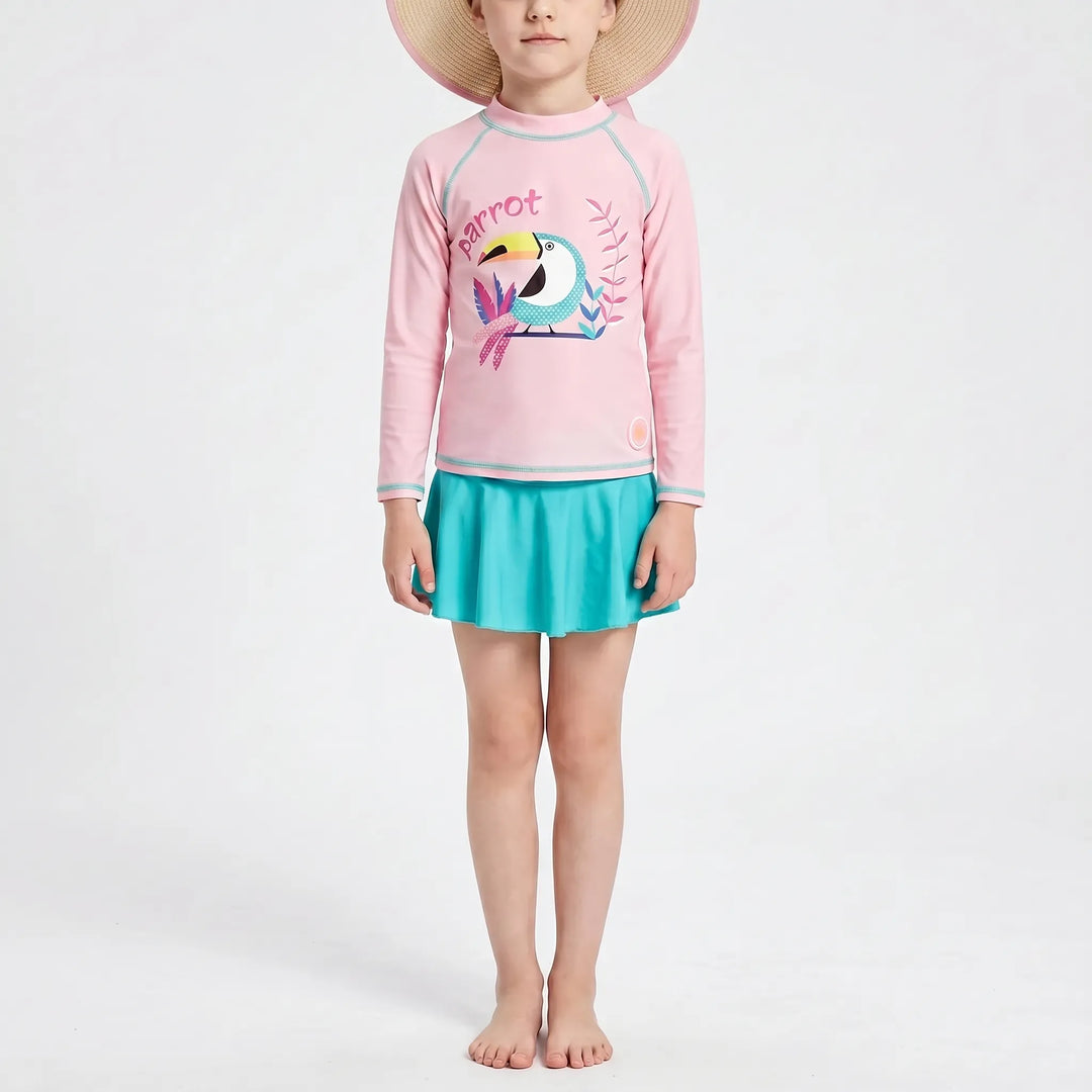 Cute toddler girls' floral long sleeve rash guard swimsuit set, ideal for sun-safe beach & pool fun.
