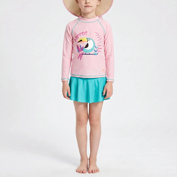 Cute toddler girls' floral long sleeve rash guard swimsuit set, ideal for sun-safe beach & pool fun.
