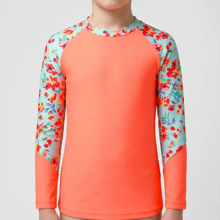 Lightweight girls' long-sleeve rash guard, offering excellent sun protection for kids' summer swimwear.