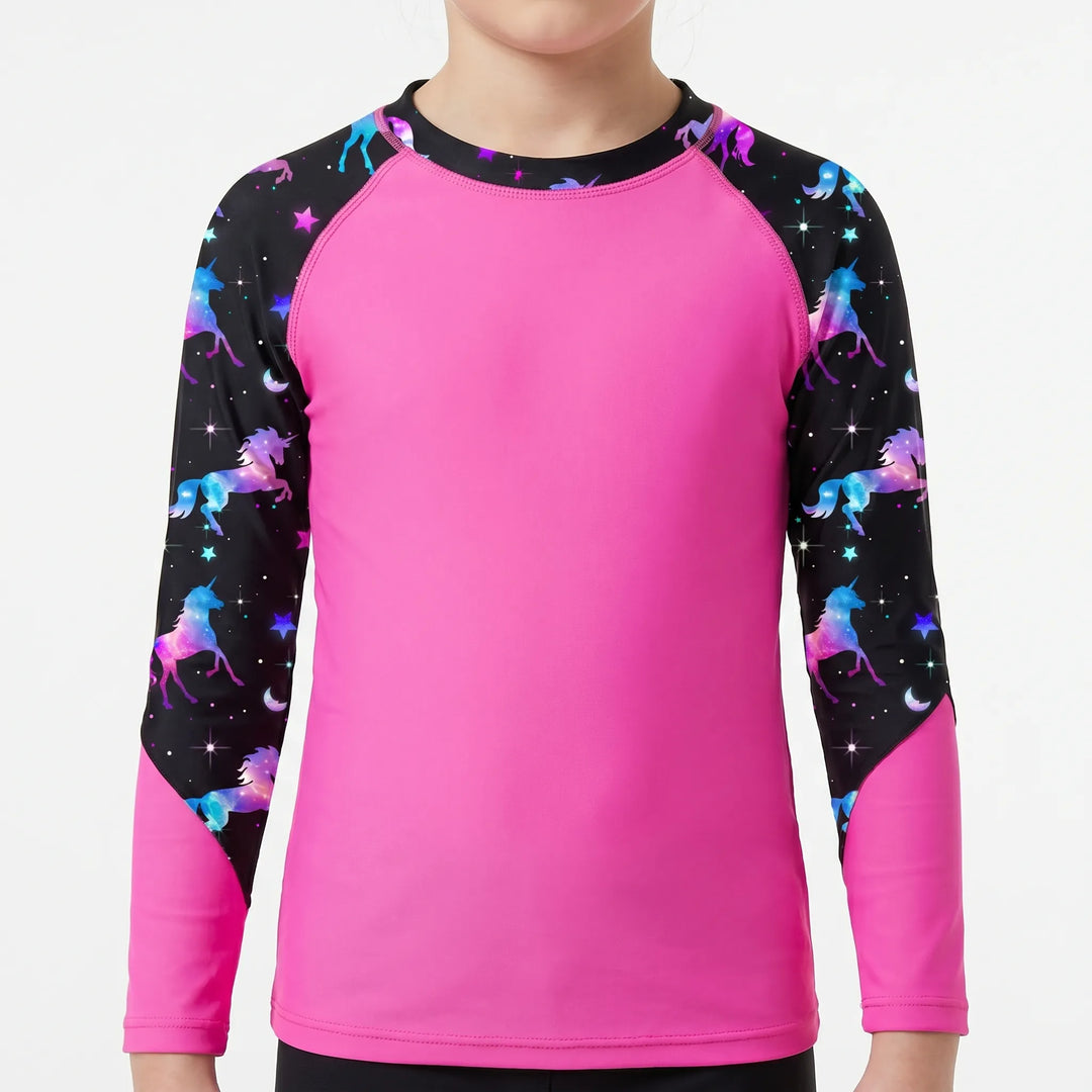 Durable long-sleeve rash guard for girls. Sun protection & quick-dry comfort for active kids' swimwear.