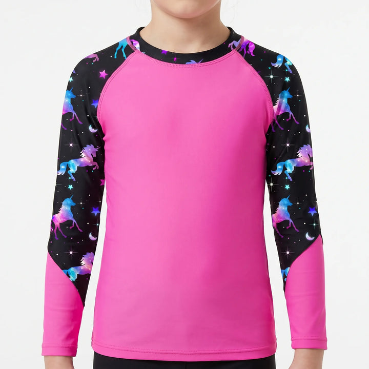 Durable long-sleeve rash guard for girls. Sun protection & quick-dry comfort for active kids' swimwear.