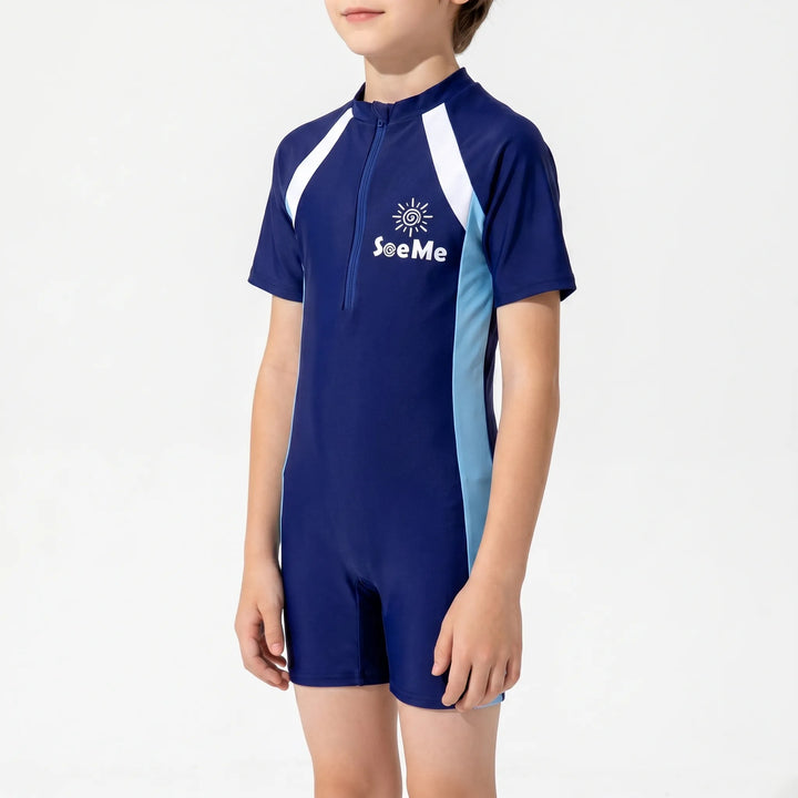 Girls' short-sleeve rash guard swimsuit, perfect for pool, beach, & active summer swim. Children's swimwear.