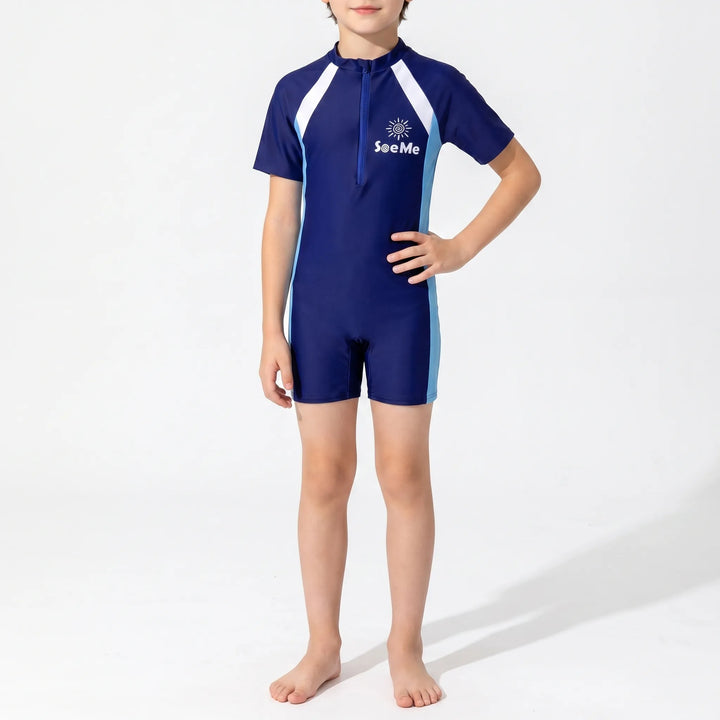 Reefina girls' short-sleeve rash guard swimsuit for children. Stylish one-piece swimwear for summer fun.