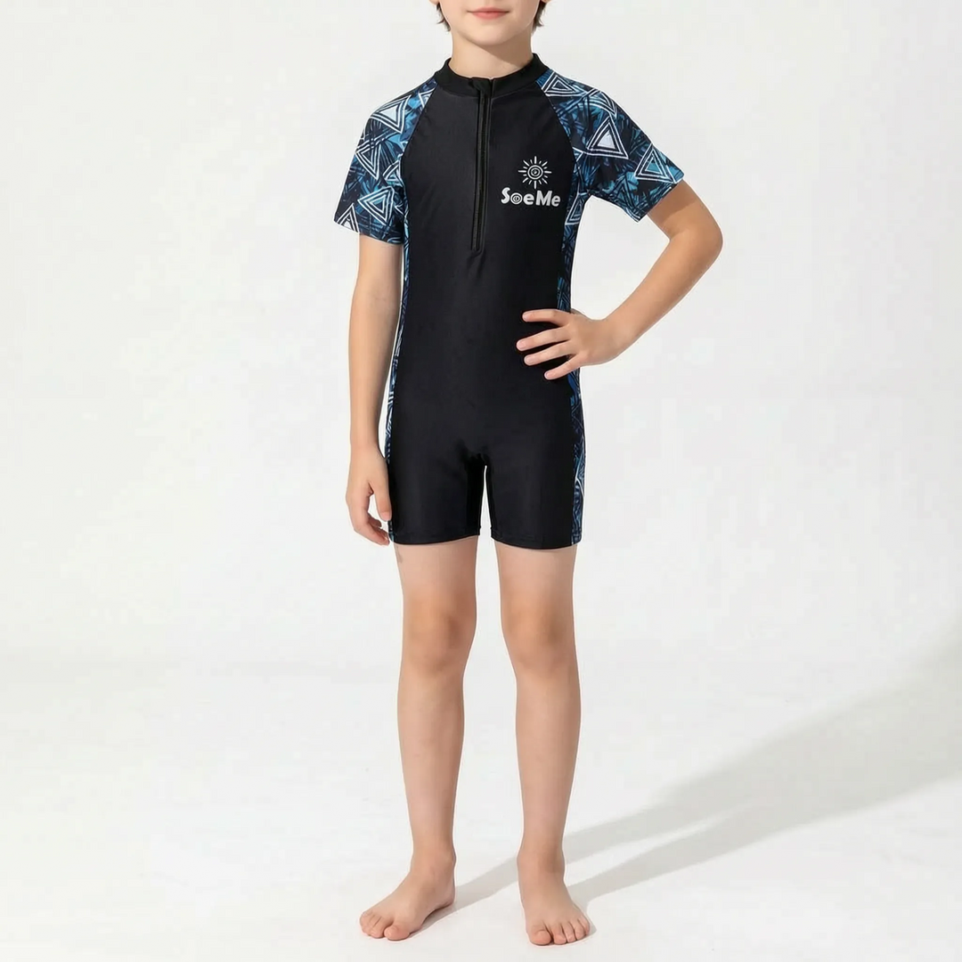 Girls' short-sleeve rash guard, a one-piece swimsuit for kids' active summer days at the pool or beach.