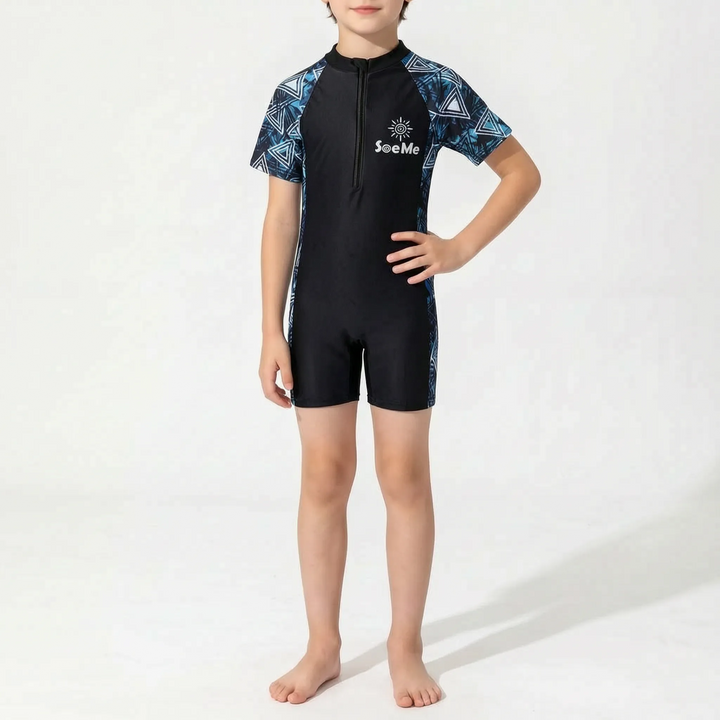Girls' short-sleeve rash guard, a one-piece swimsuit for kids' active summer days at the pool or beach.
