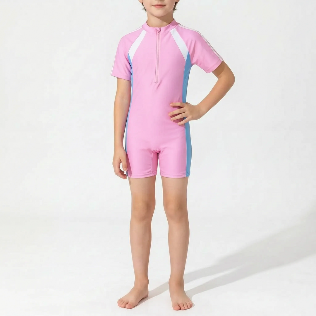 Children's girls' short-sleeve rash guard swimsuit. One-piece active swimwear for summer beach & pool.