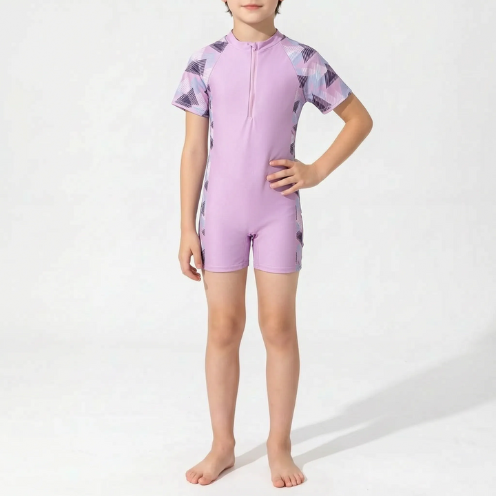 Girls' short-sleeve rash guard swimsuit, a comfy one-piece for kids' summer play in the pool or sea.