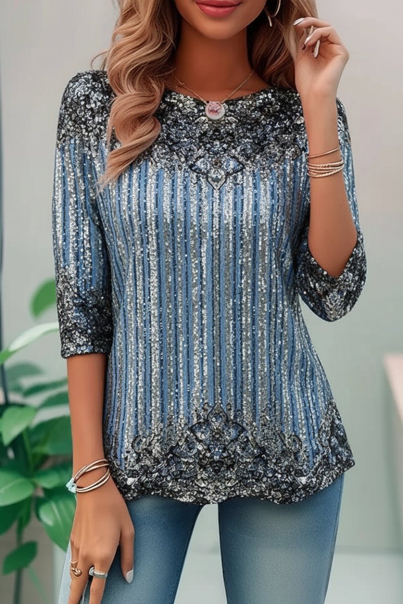 Shimmering women's sequin top, loose fit, and comfortable. A glamorous three-quarter sleeve party top.