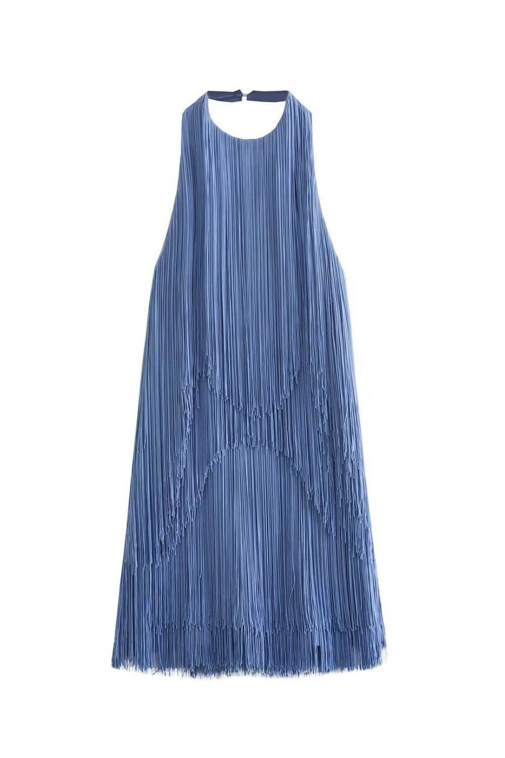 Fashionable women's blue halter fringe bodycon mini dress. Glamorous party wear, perfect for evening celebrations.