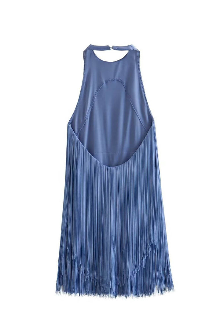 Glamorous blue halter fringe bodycon mini dress. Sleeveless, figure-hugging, and shimmering for evening.