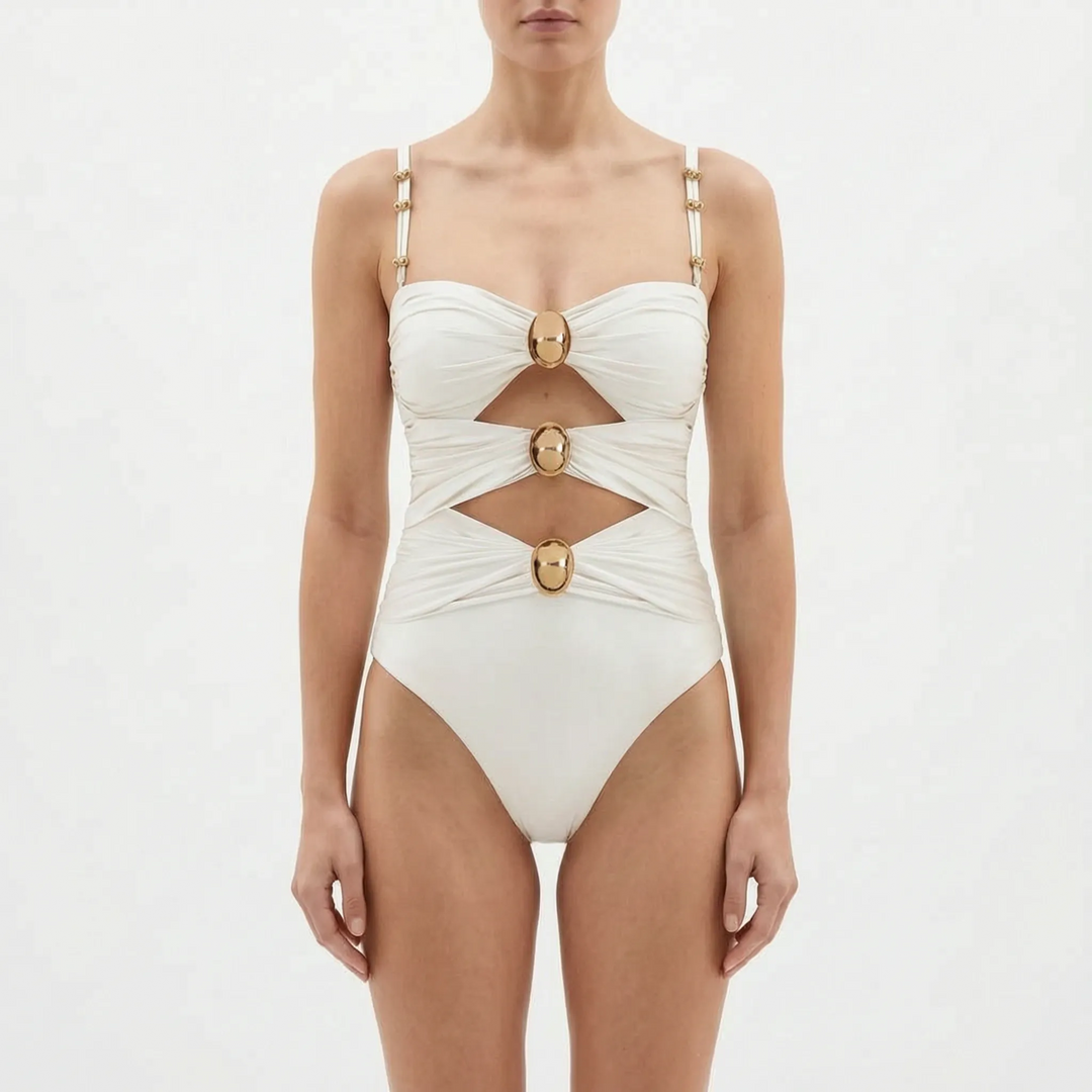Front view of a flattering women's cutout one-piece swimsuit for vacation style.